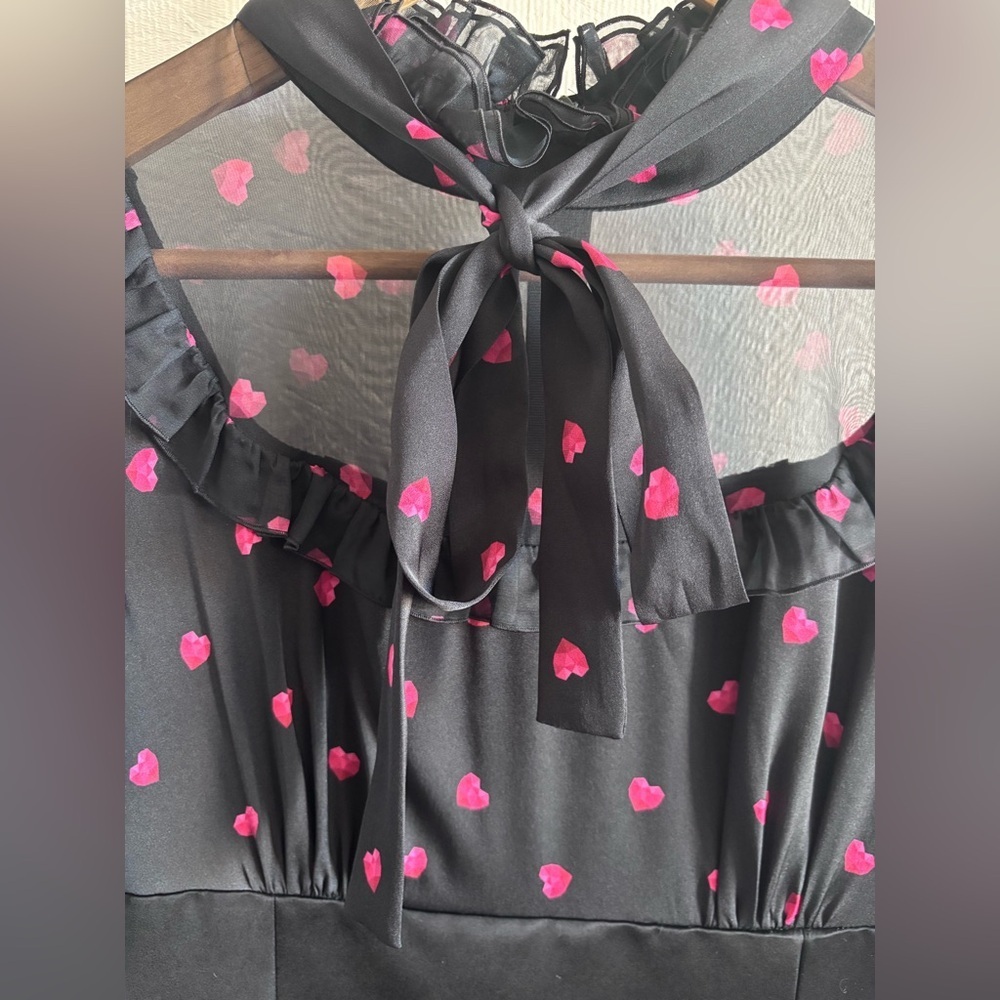 PORTS Silk Black Red Heart Pattern Long Sleeve Ruffle Bow Tie Mini Dress - Picture 9 of 14